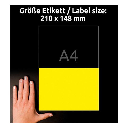 Veličina u usporedbi s rukom, Artikl: L6130-20, jedan list vodootpornih folijskih etiketa, Format: 210 x 148 mm, Boja: Žuta?