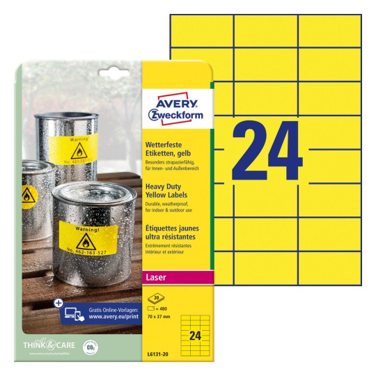 Slika pakiranja s arkom etiketa: Avery Zweckform Vodootporne folijske etikete, Artikal: L6131-20, Format: 70 x 37 mm, Pogodno za pisače: Laser crno/bijelo, Sadržaj: 480 etiketa / 20 listova, 24 etikete/ark.