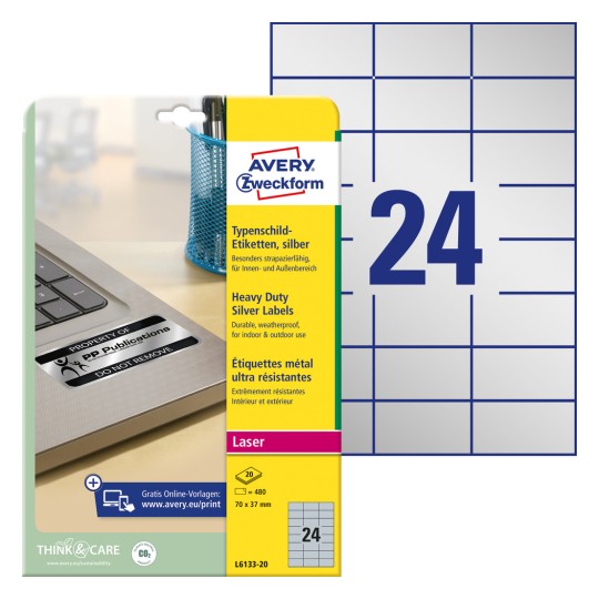 Slika pakiranja s listom naljepnica: Avery Zweckform natpisne naljepnice, artikl: L6133-20, format: 70 x 37 mm, prikladno za ispis: laserski crno-bijeli, sadržaj: 480 naljepnica / 20 listova, 24 naljepnice/stranici.