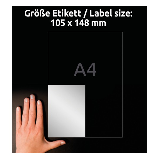 Usporedba veličina s rukom, Artikal: L6134-20, jedan list natpisnih naljepnica, format: 105 x 148 mm, boja: srebrna.