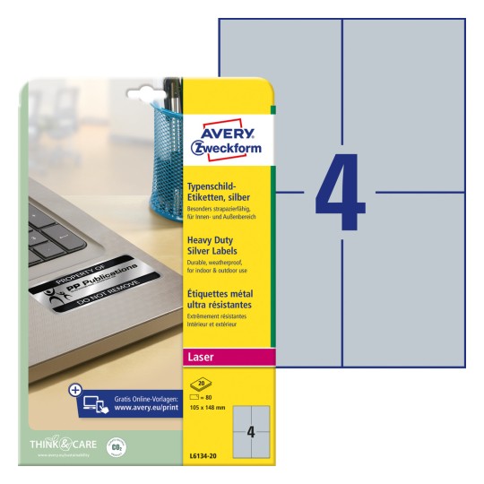 Slik na ambalaži s listom naljepnica: Avery Zweckform natpisne naljepnice, artikl: L6134-20, format: 105 x 148 mm, prikladnost za tiskanje: laserski crno-bijelo, sadržaj: 80 naljepnica / 20 listova, 4 naljepnice/stranica?