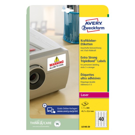 Ambalaža: Avery Zweckform ljepive etikete, Artikal: L6140-20, Format: 45,7 x 25,4 mm, Prikladno za printer: crno-bijeli laser, laserski u boji, Sadržaj: 800 etiketa / 20 listova, 40 etiketa/listu.