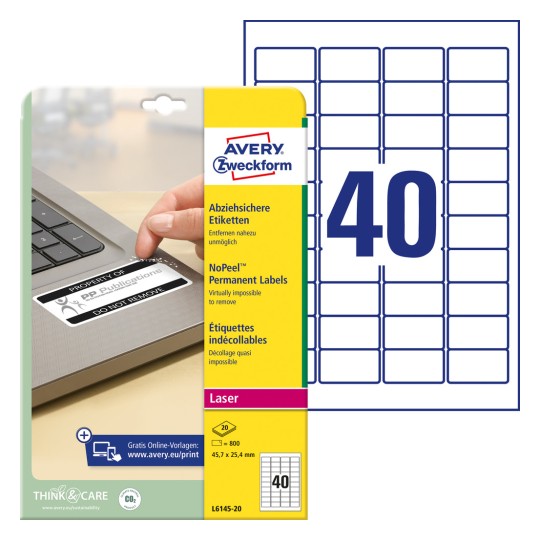 Slika pakiranja s listom etiketa: Avery Zweckform Neodstranjive etikete, Proizvod: L6145-20, Format: 45,7 x 25,4 mm, Prikladno za tisak: Laser crno-bijelo, Sadržaj: 800 etiketa / 20 listova, 40 etiketa/list?