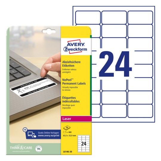 Slika pakiranja s listovima naljepnica: Avery Zweckform sigurne za skidanje naljepnice, Artikl: L6146-20, Format: 63,5 x 33,9 mm, Pogodno za printere: crno-bijeli laser, Sadržaj: 480 naljepnica / 20 listova, 24 naljepnice po listu.