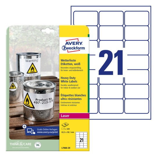 Slika pakiranja s listom naljepnica: Avery Zweckform vodootporne folijske naljepnice, artikl: L7060-20, format: 63,5 x 38,1 mm, pogodno za tiskare: crno-bijeli laser, laserski u boji, sadržaj: 420 naljepnica / 20 listova, 21 naljepnica po listu.