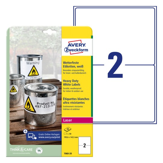Slika pakiranja s listom naljepnica: Avery Zweckform Vodootporne folijske naljepnice, Artikl: L7068-20, Format: 199,6 x 143,5 mm, Prikladnost za ispis: Crno-bijeli laser, laserski pisač u boji, Sadržaj: 40 naljepnica / 20 listova, 2 naljepnice po listu.