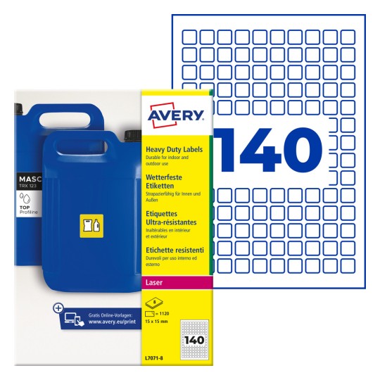 Avery paket robusnih etiketa sa slikom plavog kanistra i mrežom etiketa „140”?