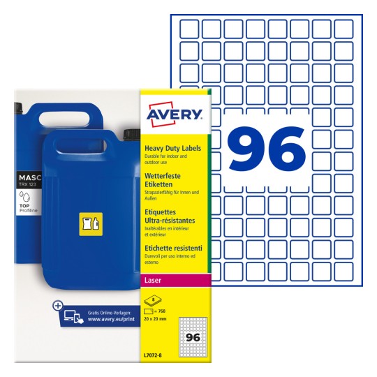Avery etiketa za tešku uporabu za pakiranje s plavim kanistrima i grafikom broja 96?