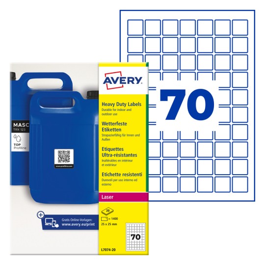 Avery paket izdržljivih naljepnica s plavim kanistrima i ilustracijom mreže s brojem 70?