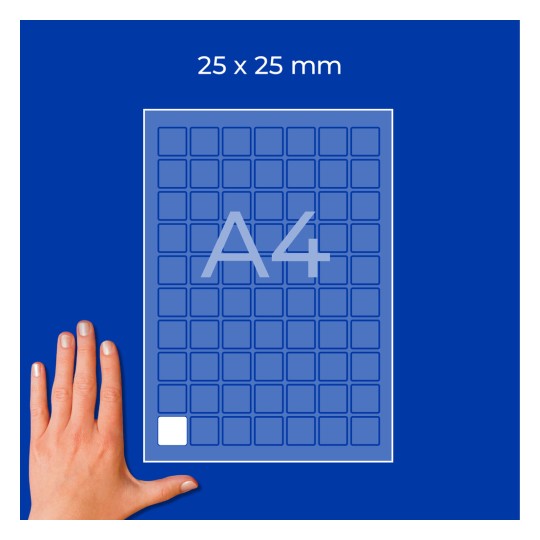 Pogled odozgo na list A4 ispunjen kvadratnim naljepnicama dimenzija 25x25 mm i ruka u donjem lijevom kutu?