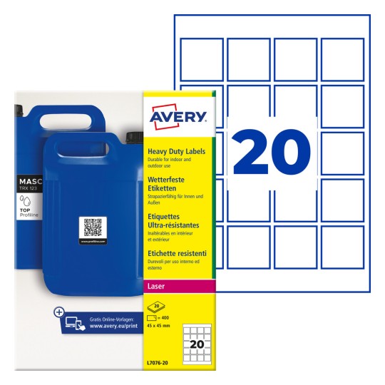Avery paket teških naljepnica s plavim plastičnim kanistrima i mrežom koja prikazuje 20 kvadratnih naljepnica?