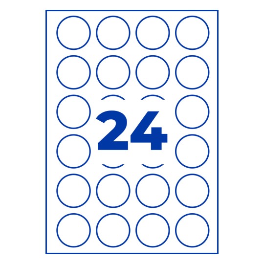 List s 24 kružne naljepnice s plavim obrubom i velikim plavim brojem 24 u sredini?
