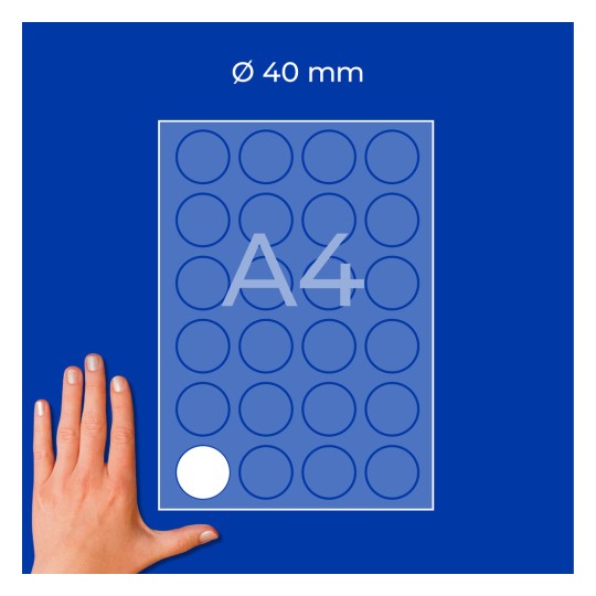 Ruka pokraj lista A4 s mrežom kružnih naljepnica promjera 40 mm, prikazana jedna bijela naljepnica?