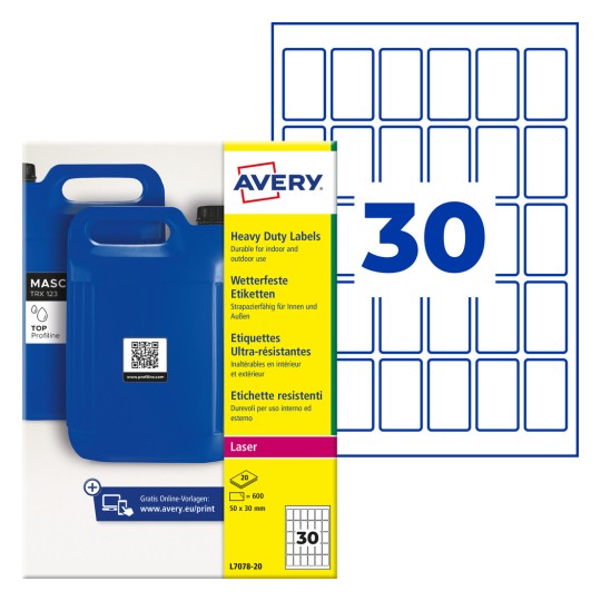 Avery paket robusnih etiketa s plavim kanistrima i velikim brojem 30?