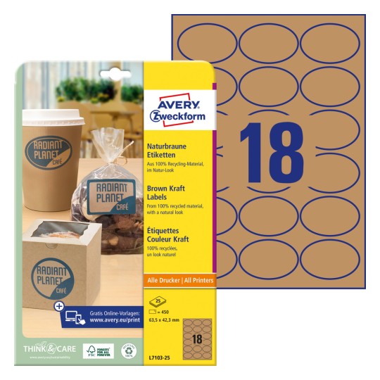 Slika pakiranja s listom naljepnica: Avery Zweckform prirodno smeđe naljepnice, artikal: L7103-25, format: 63,5 x 42,3 mm, prikladno za: inkjet, laserski crno/bijeli, laserski u boji, sadržaj: 450 naljepnica / 25 listova, 18 naljepnica po listu.