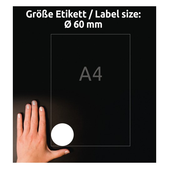 Usporedba veličine s rukom, artikal: L7104REV-25, jedan list okruglih etiketa, koje se mogu odlijepiti, format: ⌀ 60 mm, boja: bijela.