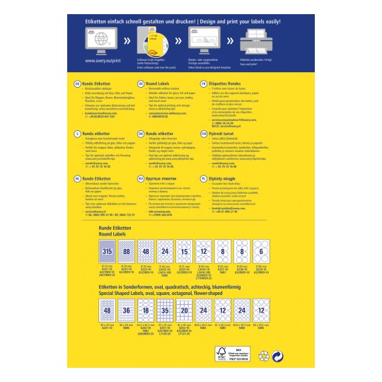 Slika je letak ili poster koji detaljno opisuje okrugle naljepnice, uključujući upute i specifikacije na različitim jezicima. Predstavlja informacije Avery brenda o dizajniranju i ispisu naljepnica, pružajući dimenzije i primjere oblika naljepnica uz kontakt informacije.
