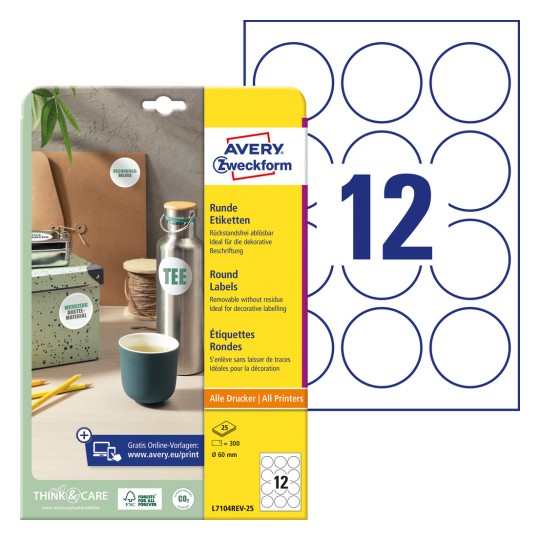 Slika pakovanja s listom naljepnica: Avery Zweckform Okrugle naljepnice, odvojive, artikal: L7104REV-25, format: ⌀ 60 mm, pogodno za pisače: Inkjet, crno-bijeli laser, kolor laser, sadržaj: 300 naljepnica / 25 listova, 12 naljepnica/list?