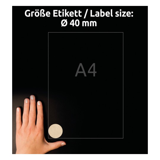 Veličina u usporedbi s rukom, Artikl: L7105-25, jedan list prirodno smeđih etiketa, Format: ⌀ 40 mm, Boja: prirodno smeđa?