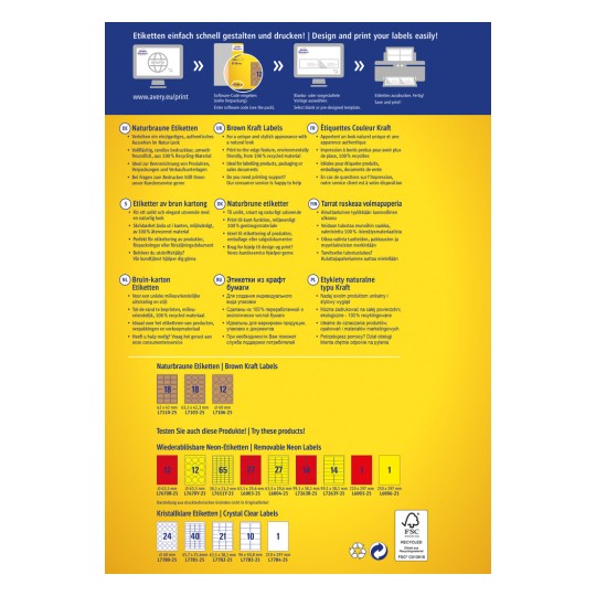 Slika prikazuje višejezični oglas za dizajn i ispis etiketa, uključujući detalje o smeđim kraft etiketama, njihovim karakteristikama i upotrebi. Sadrži dimenzije proizvoda, vrste dostupnih etiketa i informacije o promotivnoj podršci.