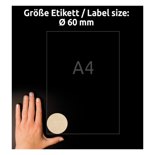 Usporedba veličine s rukom, Članak: L7106-25, jedan list etiketa prirodne smeđe boje, Format: ⌀ 60 mm, Boja: Prirodna smeđa?