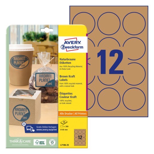 Slika pakiranja s listom naljepnica: Avery Zweckform prirodno smeđe naljepnice, artikl: L7106-25, format: ⌀ 60 mm, prikladno za ispise: Inkjet, crno-bijeli laser, laserski u boji, sadržaj: 300 naljepnica / 25 listova, 12 naljepnica/ listu.