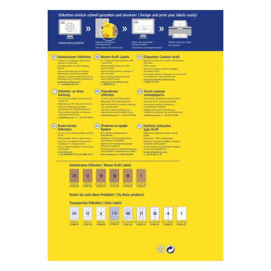 Slika je promotivna grafika za Averyjeve proizvode oznaka, koja sadrži informacije o Brown Kraft etiketama na više jezika. Uključuje detalje o ekološki prihvatljivim materijalima, mogućnostima dizajna i specifikacijama proizvoda. Vizualni raspored uključuje primjere različitih formata i veličina etiketa.
