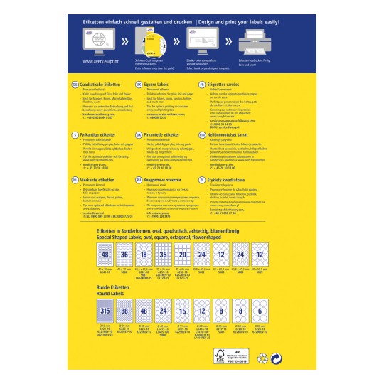 Slika prikazuje vodič za dizajniranje i tiskanje različitih vrsta etiketa, uključujući kvadratne, okrugle, pravokutne i etikete posebnih oblika. Sadrži dimenzije i šifre proizvoda za različite formate etiketa te pruža kontakt informacije za korisničku podršku na različitim jezicima.