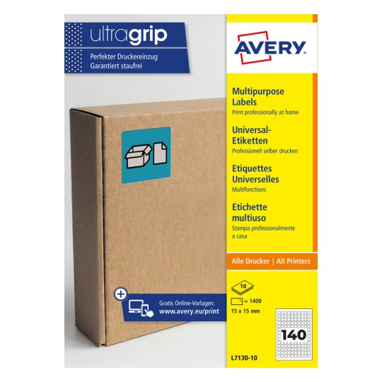 Kartonska kutija s plavom Avery Ultragrip naljepnicom za pakiranje i trakom s informacijama o proizvodu?