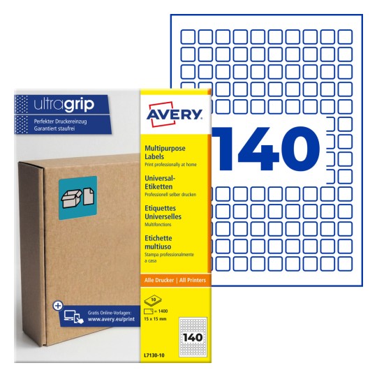 Avery Ultragrip višenamjensko pakiranje naljepnica koje prikazuje 140 malih četvrtastih naljepnica i kartonsku kutiju?