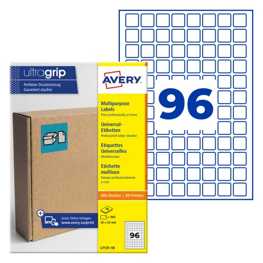 Avery Ultragrip višenamjensko pakiranje naljepnica koje prikazuje 96 plavih kvadratnih naljepnica i ambalažu?