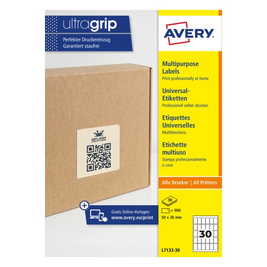 Kartonska kutija s kvadratnom naljepnicom s QR kodom i bočnom trakom ambalaže za Avery Ultragrip naljepnice?