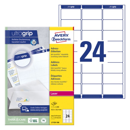 Slika pakiranja s listom naljepnica: Avery Zweckform adrese naljepnice, Artikl: L7159-100, Format: 63,5 x 33,9 mm, Pogodno za pisače: crno-bijeli laser, laserski u boji, Sadržaj: 2.400 naljepnica / 100 listova, 24 naljepnice/list?
