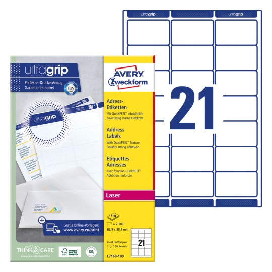Oznaka slike pakiranja s listom naljepnica: Avery Zweckform Adrese-Naljepnice, Artikl: L7160-100, Format: 63,5 x 38,1 mm, Za pisače: Crno-bijeli laser, Laserski u boji, Sadržaj: 2.100 naljepnica / 100 listova, 21 naljepnica/list?