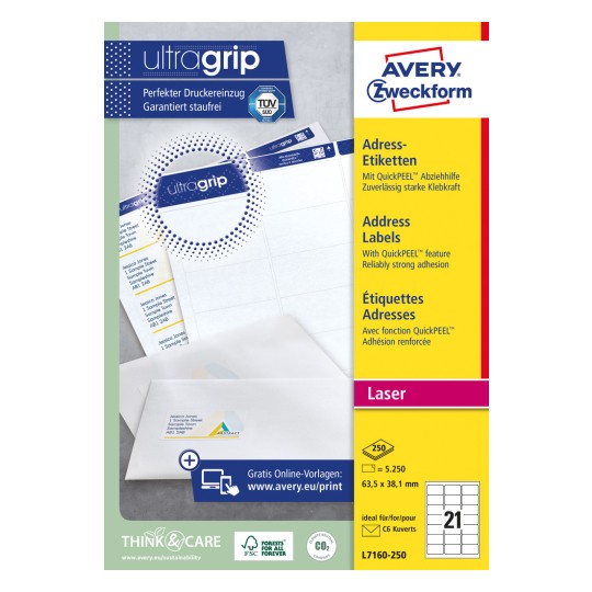 Slika paketa: Avery Zweckform bijele adrese etikete za laserske pisače, artikl: L7160-250, format: 63,5 x 38,1 mm, prikladnost za pisače: laserski crno-bijelo, laserski u boji, sadržaj: 5.250 etiketa / 250 listova, 21 etiketa/list.