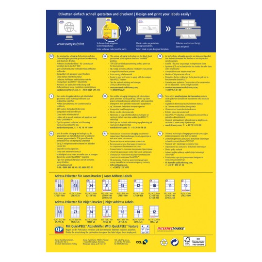 Slika sadrži promotivni vodič za tiskanje Avery naljepnica. Opisuje značajke kao što su ultraGrip tehnologija, različite vrste naljepnica, upute za tiskanje i kontakt informacije na više jezika. Na dnu su prikazani različiti predlošci za naljepnice s adresama s veličinama.