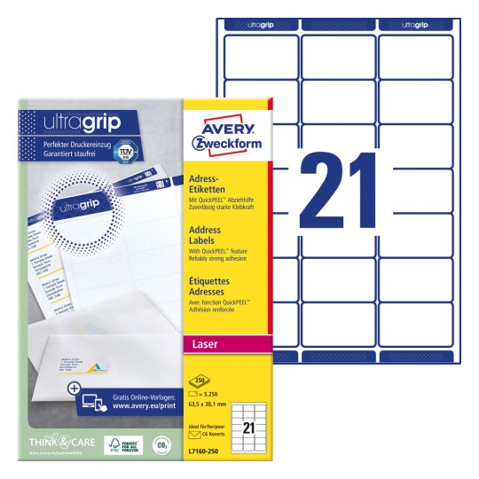 Slika pakiranja s listom naljepnica: Avery Zweckform adresa naljepnice, proizvod: L7160-250, format: 63,5 x 38,1 mm, prikladnost za ispis: laserski crno/bijeli, laserski u boji, sadržaj: 5.250 naljepnica / 250 listova, 21 naljepnica/list?