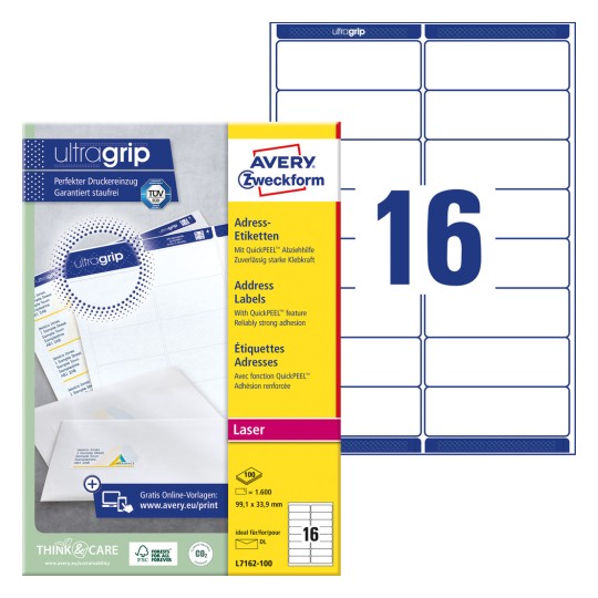 Pakiranje s listom naljepnica: Avery Zweckform adrese etikete, artikl: L7162-100, format: 99,1 x 33,9 mm, prikladnost za pisače: laserski crno-bijeli, laserski u boji, sadržaj: 1.600 naljepnica / 100 listova, 16 naljepnica po listu.