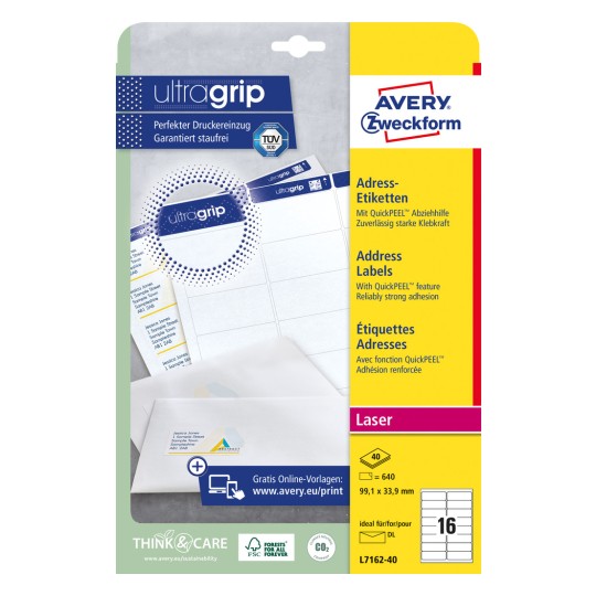 Pakiranje: Avery Zweckform Bijele adrese etikete za laserske pisače, Artikl: L7162-40, Format: 99,1 x 33,9 mm, Pogodno za pisanje: Laser crno-bijeli, laserski u boji, Sadržaj: 640 etiketa / 40 listova, 16 etiketa/list.