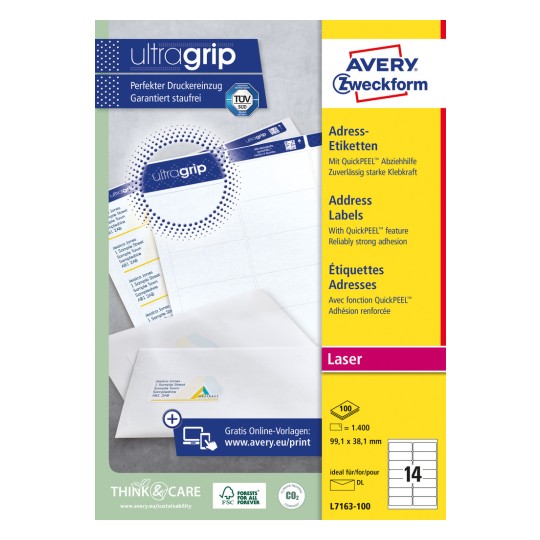 Pakiranje: Avery Zweckform Bijele adresne naljepnice za laserske pisače, Artikl: L7163-100, Format: 99,1 x 38,1 mm, Prikladnost za pisače: crno-bijeli laser, laserski pisač u boji, Sadržaj: 1.400 naljepnica / 100 listova, 14 naljepnica/listova.