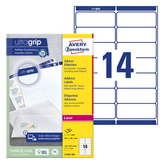 Slika paketa s listom etiketa: Avery Zweckform adresne etikete, artikl: L7163-100, format: 99,1 x 38,1 mm, prikladno za pisače: Laser crno-bijeli, laserski u boji, sadržaj: 1.400 etiketa / 100 listova, 14 etiketa/list.
