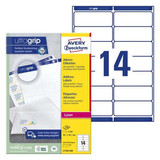 Slika pakiranja s listom naljepnica: Avery Zweckform adrese naljepnice, Artikal: L7163-250, Format: 99,1 x 38,1 mm, Prikladnost za pisač: Crno-bijeli laser, laserski u boji, Sadržaj: 3.500 naljepnica / 250 listova, 14 naljepnica/ list.