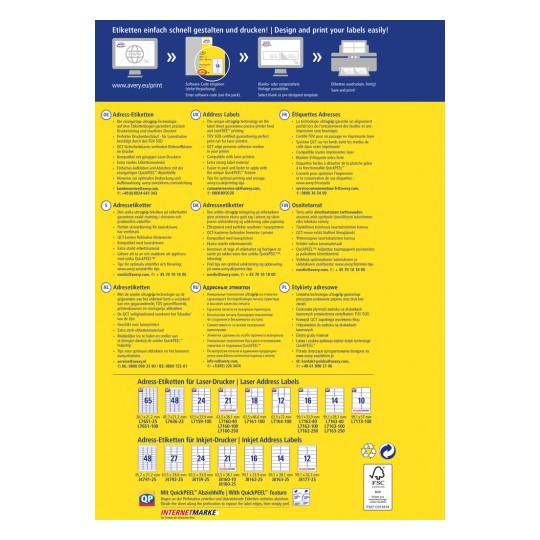 Slika prikazuje vodič za dizajn i ispis različitih etiketa, uključujući adrese u više jezika. Pruža savjete, informacije o kompatibilnosti i detalje o proizvodima povezane s tehnologijama ispisa etiketa.