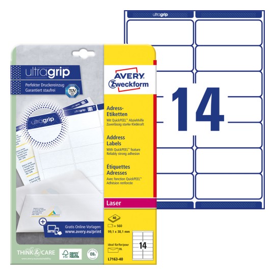 Slika pakiranja s arkom etiketa: Avery Zweckform adresne etikete, članak: L7163-40, format: 99,1 x 38,1 mm, prikladno za ispis: crno-bijeli laser, laserski kolor, sadržaj: 560 etiketa / 40 listova, 14 etiketa po listu.