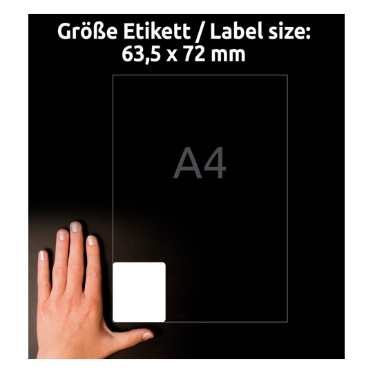 Usporedba veličine s rukom, Artikl: L7164-100, jedan list adresnih naljepnica, Format: 63,5 x 72 mm, Boja: Bijela?