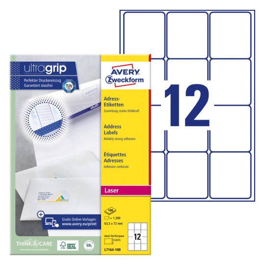 Slika pakiranja s arkom naljepnica: Avery Zweckform adrese-naljepnice, Artikl: L7164-100, Format: 63,5 x 72 mm, Pogodno za ispis: crno-bijeli laserski pisač, laserski pisač u boji, Sadržaj: 1.200 naljepnica / 100 araka, 12 naljepnica/arak.