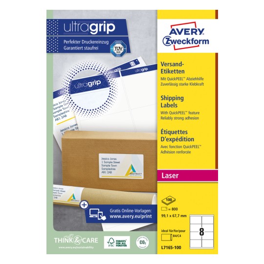 Slika pakiranja: Avery Zweckform Bijele transportne etikete, Artikl: L7165-100, Format: 99,1 x 67,7 mm, Pogodnost za ispis: Crno-bijeli laser, kolor laser, Sadržaj: 800 etiketa / 100 listova, 8 etiketa/list.