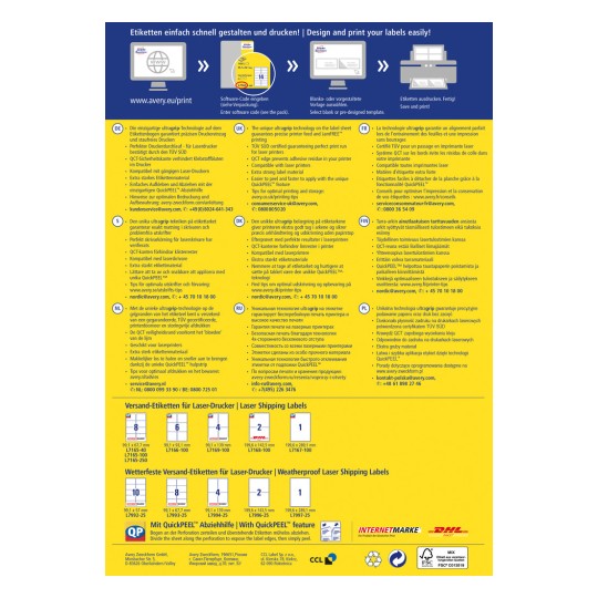 Slika prikazuje informativni letak o etiketama za laserske pisače, koji detaljno opisuje značajke kao što su ultragrip tehnologija, QuickPEEL pomoć, savjeti za ispis i različite vrste dostupnih etiketa. Letak uključuje više jezika i kontaktne informacije za upite.