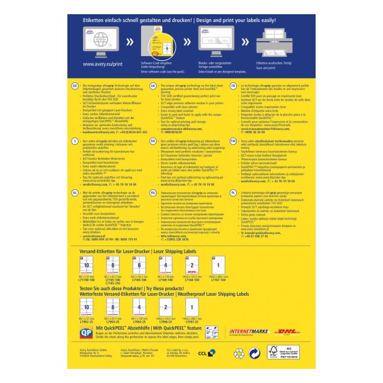 Slika je promotivni letak za Averyjeve laserske naljepnice za slanje. Ističe ultragrit tehnologiju, QuickPEEL značajku i daje upute za korištenje naljepnica na više jezika. Uključuje šifre proizvoda, savjete za optimalni ispis i popis povezanih proizvoda.