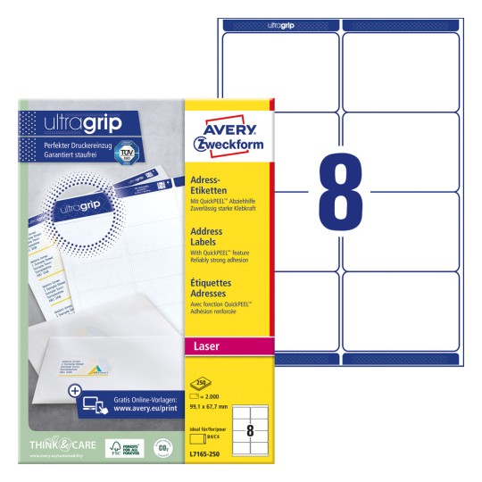 Slika pakiranja s listom etiketa: Avery Zweckform adresne naljepnice, artikl: L7165-250, format: 99,1 x 67,7 mm, prikladnost za printanje: laserski pisač crno/bijelo, laserski pisač u boji, sadržaj: 2.000 naljepnica / 250 listova, 8 naljepnica/list.